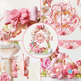 Pink Flowers Bouquet Building Set with Butterfly Ring Bow Cupid's Arrow, Art Botanical Collection for Home Office Decor, Special Wedding Gifts for Girls Adults Age 8+