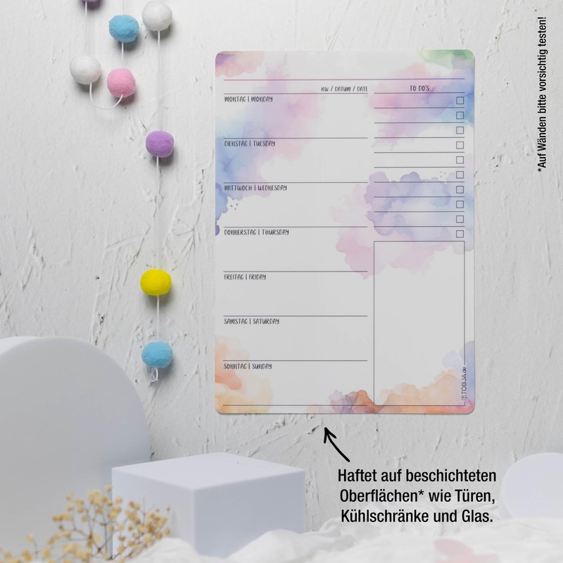 TOBJA Weekly Planner, Wipe-Clean, Sticks to All Smooth Surfaces, Removable,