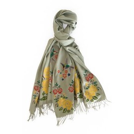 SASZ Hand-Painted Floral Hummingbird Shawl, Lime Green Cotton and Polyester Blend, Size 24x64 Inches