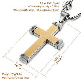 HZMAN Stainless Steel Men's Large Cross Necklace Lord's Prayer Pendant, Stainless Steel, No Gemstone