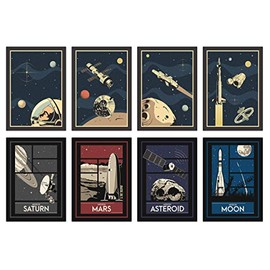 the lazy panda card company Space Poster Set - 8 x A4 Vintage Universe Posters Small and Large Astronauts (Vintage Space Poster Set)