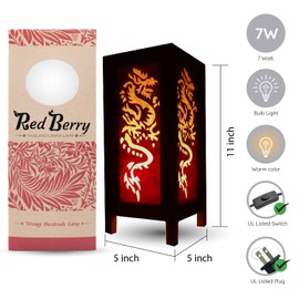 Red Berry Bedside Japanese Lamp - Vintage Asian Inspired Decorative Table Lamp with Fabric Square Lamp Shade - Retro White Dragon Lamp for Bedroom Nightstand, Desk, Living Room, Dorm ( White Dragon)