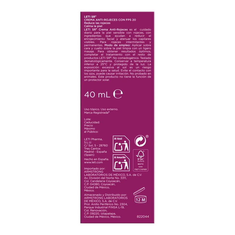 Crema Facial Leti Anti Rojeces 40ml Piel Sensible Fps Día