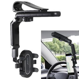 Hbxdeco Sun Visor Car Phone Holder, 360° Rotatable Retractable Car Cell Phone Holder, Adjustable Rearview Mirror Phone Mount Clip for Most Smartphones, Universal Car Accessories (Black)