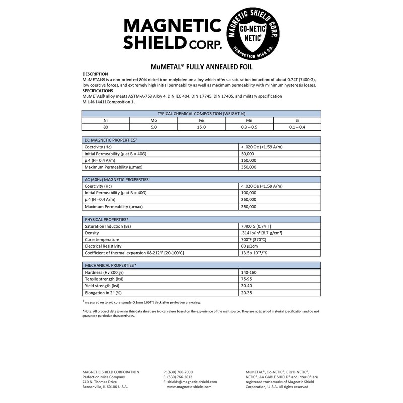 MuMETAL® Magnetic Shielding Foil .006" Thick 8" x 12" Sheet
