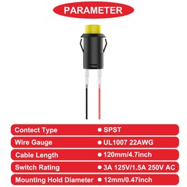MKBKLLJY 12 mm Locking Yellow Mini Push Button Switch AC 250 V/1.5 A 125 V/3 A SPST 2-Pin Snap-in Design Micro Round Switch with Terminal Wires and Wiring Cap for Car Boat Pack of 12