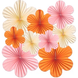 9Pcs Hanging Paper Fans, Paper Flowers Decorations, Abanicos De Papel Colgantes, Paper Floral Backdrop for Classroom Decoration, Birthdays, Rustic Weddings, Parties (Orange Purple White)
