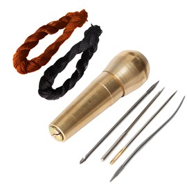 Copper Handle 4 Needles Sewing Awl Hand Stitcher Shoe Repair Tool Kit with 18m Black and 18m Brown Nylon Cord Thread for Handmade Leather Sewing Tools Shoe and Leather Repair DIY Sewing Repairing Canvas