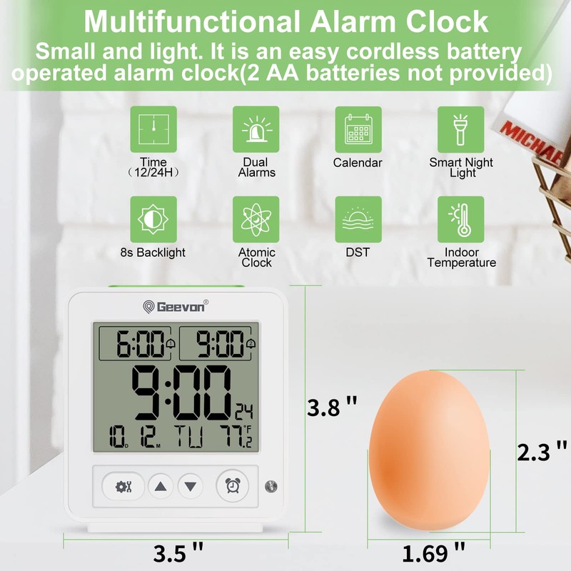 Geevon Atomic Travel Alarm Clock with Auto/8s Backlight, 2 Alarm