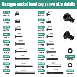 Faankiton 1600PCS M3 Hex Socket Head Cap Button Screws Nuts and Bolts Set, Round Hexagon Socket Bolts Nuts and Washers, 12.9 Carbon Steel Flat Head Cylindrical Screws Assortment Kit