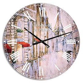 DesignQ French Country Wall Clock 'Love in Paris III' Beige Round Wall Clock for Bedroom Decor