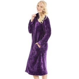 Camille Women's Super Soft Fleece Housecoat - Diamond Emboss Luxury Zip Up Bathrobe - Long Sleeved and Side Pockets Purple 18-20
