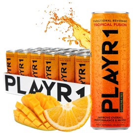 PLAYR1 No Artificial Sugar Energy Drink Pack 24 Orange Mango Banana Pineapple Caffeine Free, Electrolytes, Vitamin B12, Non Carbonated Gluten Free, Natural energy Drink