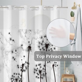 Baocicco No Hook Black and White Dandelion Shower Curtain with Snap in Liner Flower Vintage Floral Double Layers Machine Washable for Easy Clean Hotel Shower Curtain and Liner Set 71x74 Inch