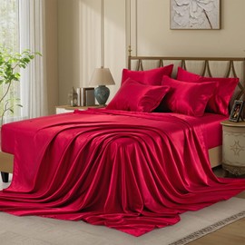 VCUSUELER Silk Like Satin Bed Sheets, 4-Piece Burgundy Twin XL Size Satin Sheets for Hair and Skin, Luxury Silky Bedding Set with Deep Pocket for Mattress (Twin XL, Burgundy)