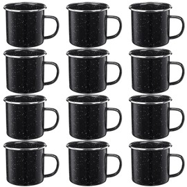 12 Pcs Enamel Camping Mugs Small Coffee Mugs Cups Portable Vintage Tea Cups Campfire Camping Mugs Bulk with Handle for Coffee Tea Home Picnic Travel Indoor and Outdoor Activities,12 oz (Black)