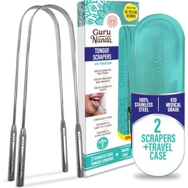 GuruNanda Rascador de lengua (paquete de 2), rascador de lengua de acero inoxidable para higiene bucal, tratamiento de mal aliento, limpiador de lengua 100% acero inoxidable de grado médico con estuche de viaje para adultos y niños