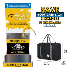 For Spirit Airlines Personal Item Bag 18x14x8 Foldable Travel Duffel Bag Tote Carry on Luggage Duffle Overnight for Women and Men (1112-Black)