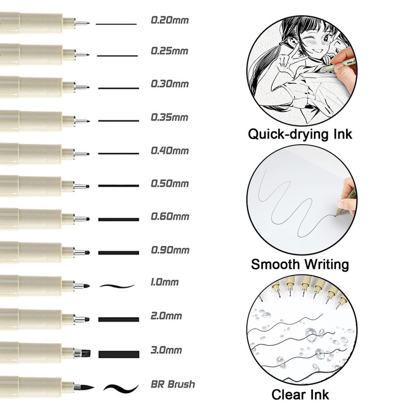 MOLHEM 12 Pcs Fineliner Pens, Micron Pens, Black Drawing Pens