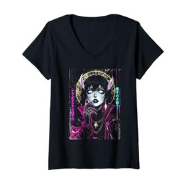 Womens Japanese Streetwear Cyberpunk Angel Anime Teachwear Otaku V-Neck T-Shirt