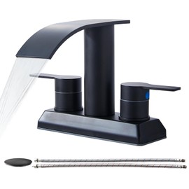 IKEBANA Matte Black Waterfall Bathroom Faucet,4 inch 2 Handle Stainless Steel Bathroom Sink Faucet Modern Waterfall Spout Lead-Free Bathroom Sink Faucet with Pop-up Darin and Supply Hoses