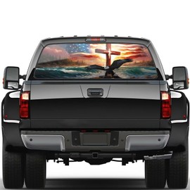 Generic American Flag Eagle Truck Rear Window Decal, Ocean Christian Cross Patriotic Decor Animal Print Perforated Vinyl Sticker, Truck Window Decal, 66x20 Fit Most Pickup Truck SUV Cars