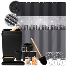 XLHOMO Black Bathroom Accessories with Glitter Shower Curtain,10 Piece Bathroom Sets with Shower Curtain Set Bathroom Set Black Shower Curtain with Bathroom Trash Can
