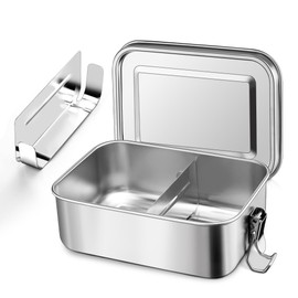 Herogo Lunch Box 1400ML, Stainless Steel Bento Box with 2 Compartments, Bento Lunch Box for Adults and Kids, Metal Bento Box with Removable Dividers, Leak-Proof with Sturdy Lock Clips, Dishwasher Safe