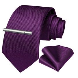 HISDERN Mens Purple Ties for Men Business Formal Plum Eggplant Woven Silk Ties and Pocket Square with Neckties Clip Set Wedidng Solid Stain Tie