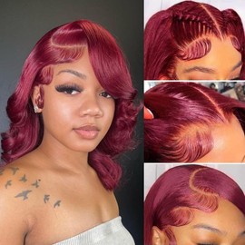 99J Burgundy Bob Wig Human Hair 13x4 Frontal Lace Wig 12 Inch Body Wave HD Lace Front Wigs Human Hair Pre Plucked 180% Density Glueless Wine Red Bob Wigs for Women (99J Burgundy, 12 Inch)