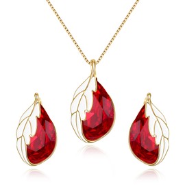 EleQueen Austrian Crystal Gold-Tone Leaf Necklace Earrings Jewelry Sets Embellished With Red Teardrop for Women Her Valentine's/Mother Day Christmas