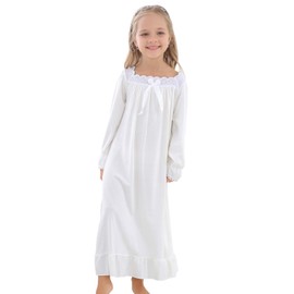Horcute Girls Cotton Long Sleeve Sleep Shirts Nightshirts Pajamas Nightgown White 120# 6-7Y