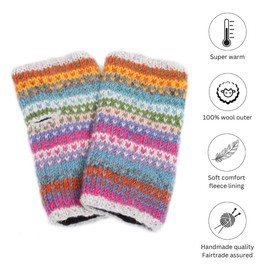 Women Wool Hand Warmers Fleece Lined Handknitted Dots Stripes Multicoloured One-Size Handmade Extra Warm Pachamama Fair Trade