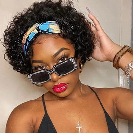 Short Culy Headband Wig Human Hair for Women Pixie Cut Headband Wig for Black Women Natural Black Curly Wear and Go Wig for Women