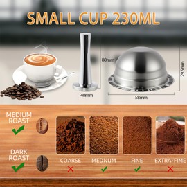 FOVNOT Reusable Ve-tuo Capsules Refillable Coffee Pods Food Grade Silicone Lids Stainless Steel Coffee Capsule Compatiable with Nes-esso Ve-tuo Plus/Pop/Next Machines(230mL+41mm Tamper)