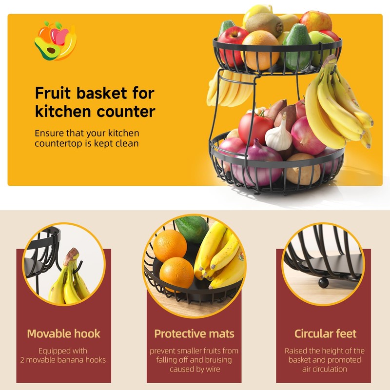 Sevenblue 2 Tier Large Fruit Basket for Kitchen Counter with
