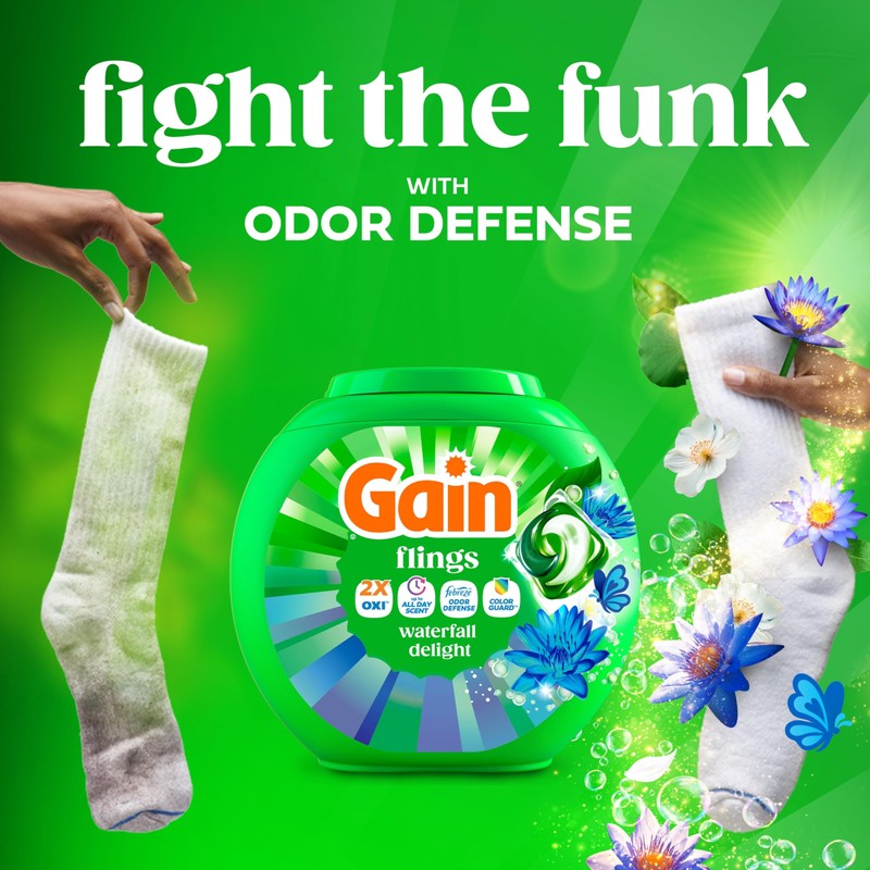 Gain Flings Liquid Washing Detergent Pacs, Now with Odor Defense