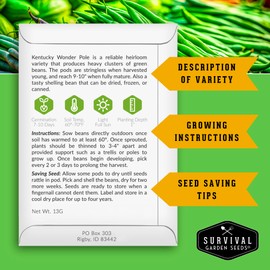 SURVIVAL GARDEN SEEDS Survival Garden Seeds - Kentucky Wonder Pole Bean Seed for Planting - 1 Pack with Instructions to Plant and Grow Green Snap Beans in Your Home Vegetable Garden - Non-GMO Heirloom Variety