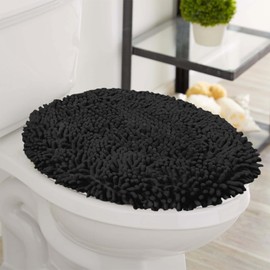 LuxUrux Toilet Lid Cover, Extra-Soft Plush Seat Cloud Washable Shaggy Microfiber Standard Toilet Lid Covers for Bathroom Machine Wash & Dry (Toilet Lid Cover, Black)