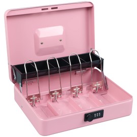 Xydled Cash Box with Money Tray and Combination Lock,Tiered, Cantilever Design,4 Bill / 5 Coin Slots,11.8" x 9.5" x 3.5",Pink