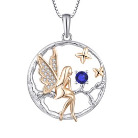 FJ Guardian Angel Pendant Necklace in 925 Sterling Silver, Tree of Life Chain, Butterfly Fairy Necklace with Birthstone, Cubic Zirconia, Jewellery Gifts for Women, Girls