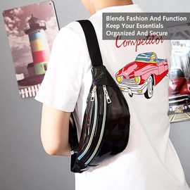 Shiny Holographic Fanny Pack,Metallic Color Sport Waterproof Waist Bag Neon Waistbag with Pouches and Adjustable Belt for Women Men Kids Traveling Running Festival Party (Black)