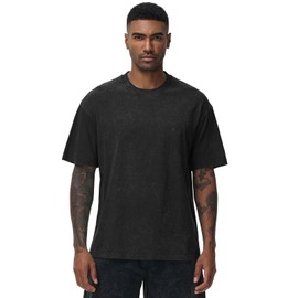 Men's Oversized Cotton T-Shirts Loose Fit Vintage Washed Tee Unisex Short Sleeve Casual Shirts Tops(Black,l)
