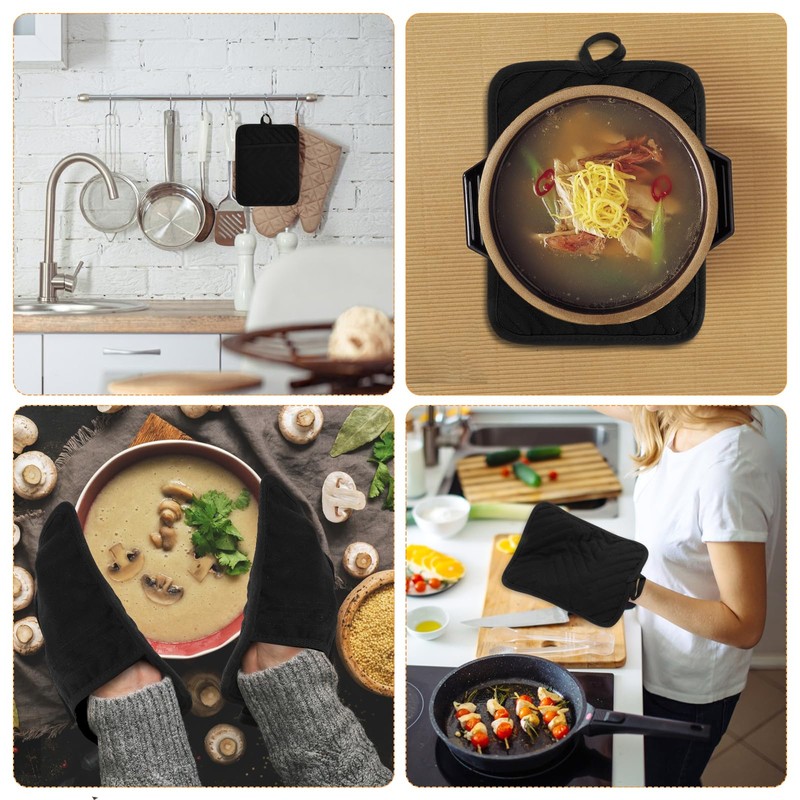 Sibba Black Pot Holders with Pocket, 2 Pcs Cotton Heat