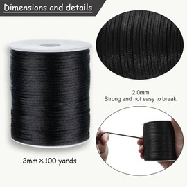 FQTANJU 2mm Nylon Satin Cord, 100 Yards Nylon Cord Satin String for Bracelet Jewelry Making Silky Rattail Macrame Trim Cord Necklace Bulk Beading Thread Kumihimo Chinese Knot Craft (Black)