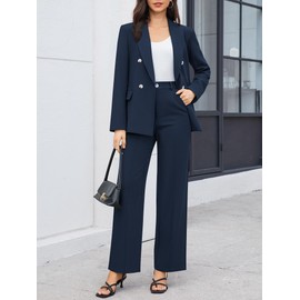 Casly Lamiit Pants Suit for Women Dressy Casual Long Sleeve Blazer Business Work Outfits Trendy Matching Sets Interview Clothing Navy Blue M