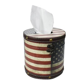 Decorative Toilet Paper Roll Cover with Lid - 5.5cm Diameter, PU Leather & Wood, Space-Saving, Multi-Color, Waterproof Bathroom Storage for Tissues, Cosmetics, Remotes (US Flag)