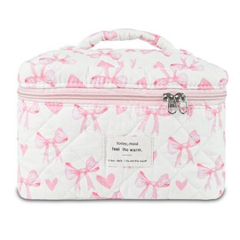 GISMTR Makeup Bag, Quilted Bow Cosmetic Bag, Large Travel Aesthetic Make up Bag, Cute Coquette Toiletry Pouch for Women Girls