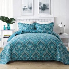 NEWLAKE Cotton Bedspread Quilt Sets-Reversible Patchwork Coverlet Set, Turquoise Classic Royal Pattern, King Size