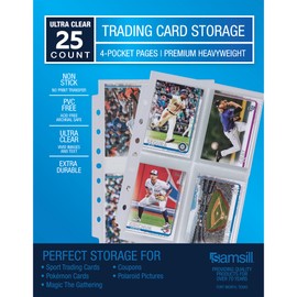 Samsill 4 Pocket Trading Card Sleeve Protectors, 25 Pack, Fits 3 Ring Mini Binders, 100 Side Loading Pockets, Holds 2.5 x 3.5 Inch Cards, Game Cards, Business Cards, Sport Cards
